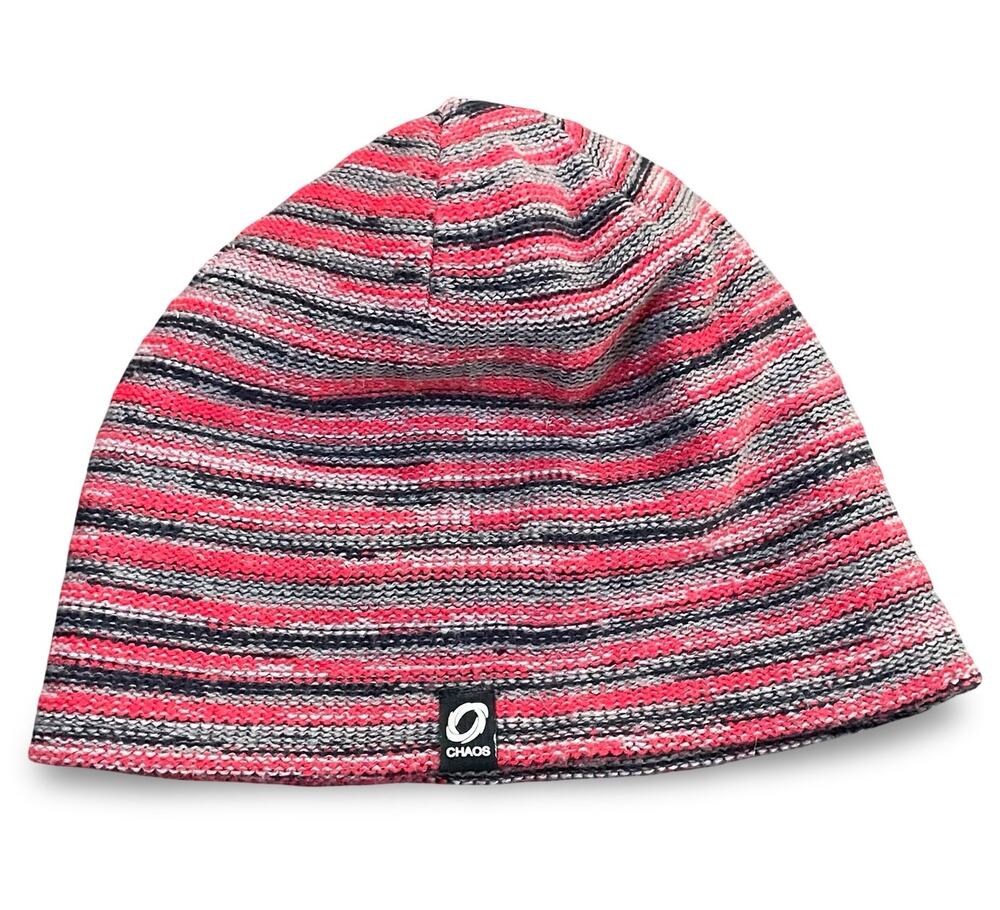 Chaos Mens Beanie Hat Striped Skull Cap Pink Grey Black Winter Reversible Ribbed